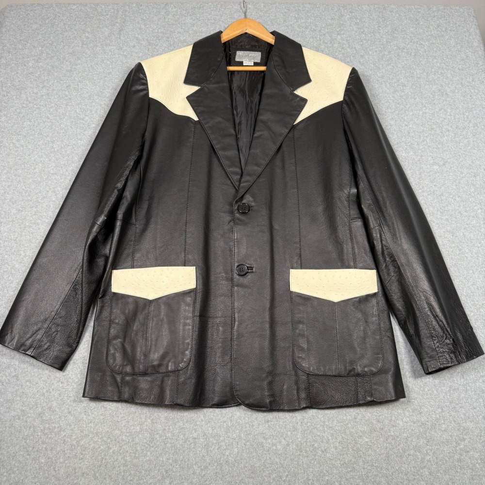 Vintage Leather Mens 2XL Western Blazer Black Cream Ostrich Yoke Cowboy Jacket